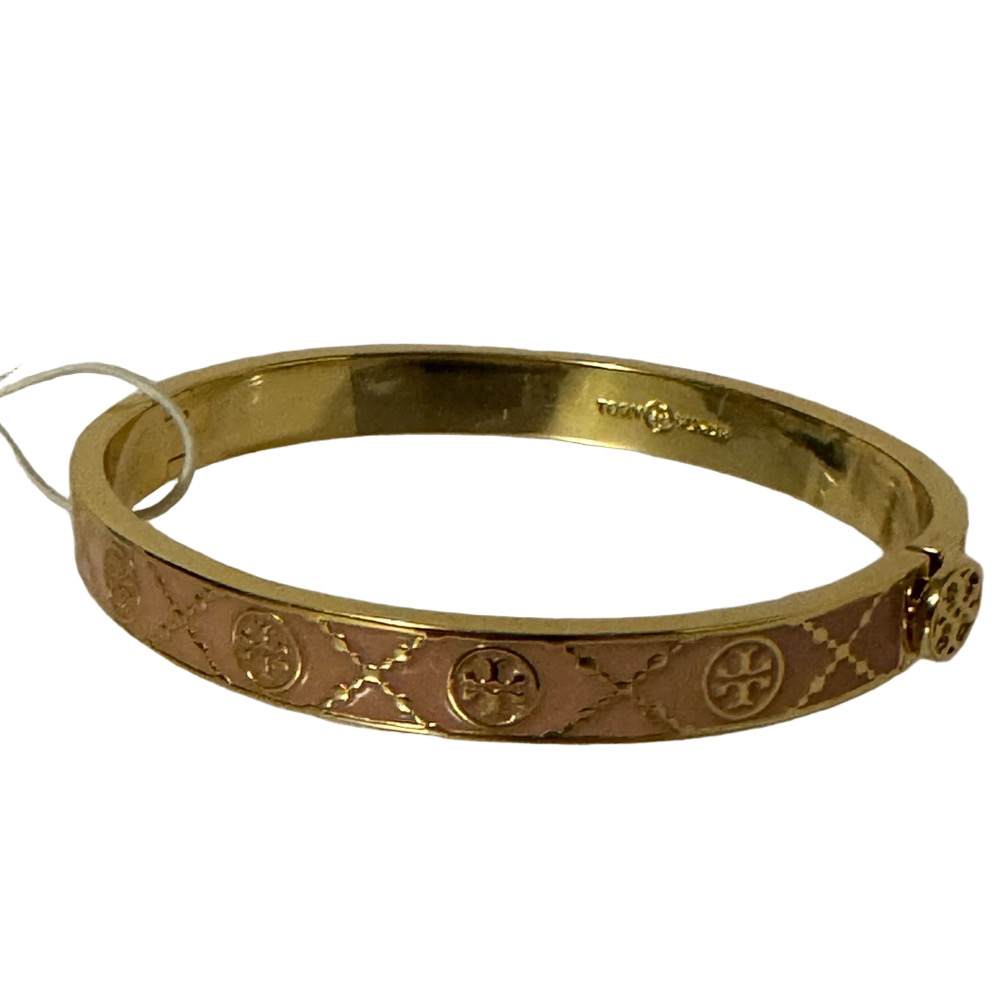 Tory Burch NWT Icon T Monogram Hinge Gold-Toned Pink Enamel Bangle Bracelet